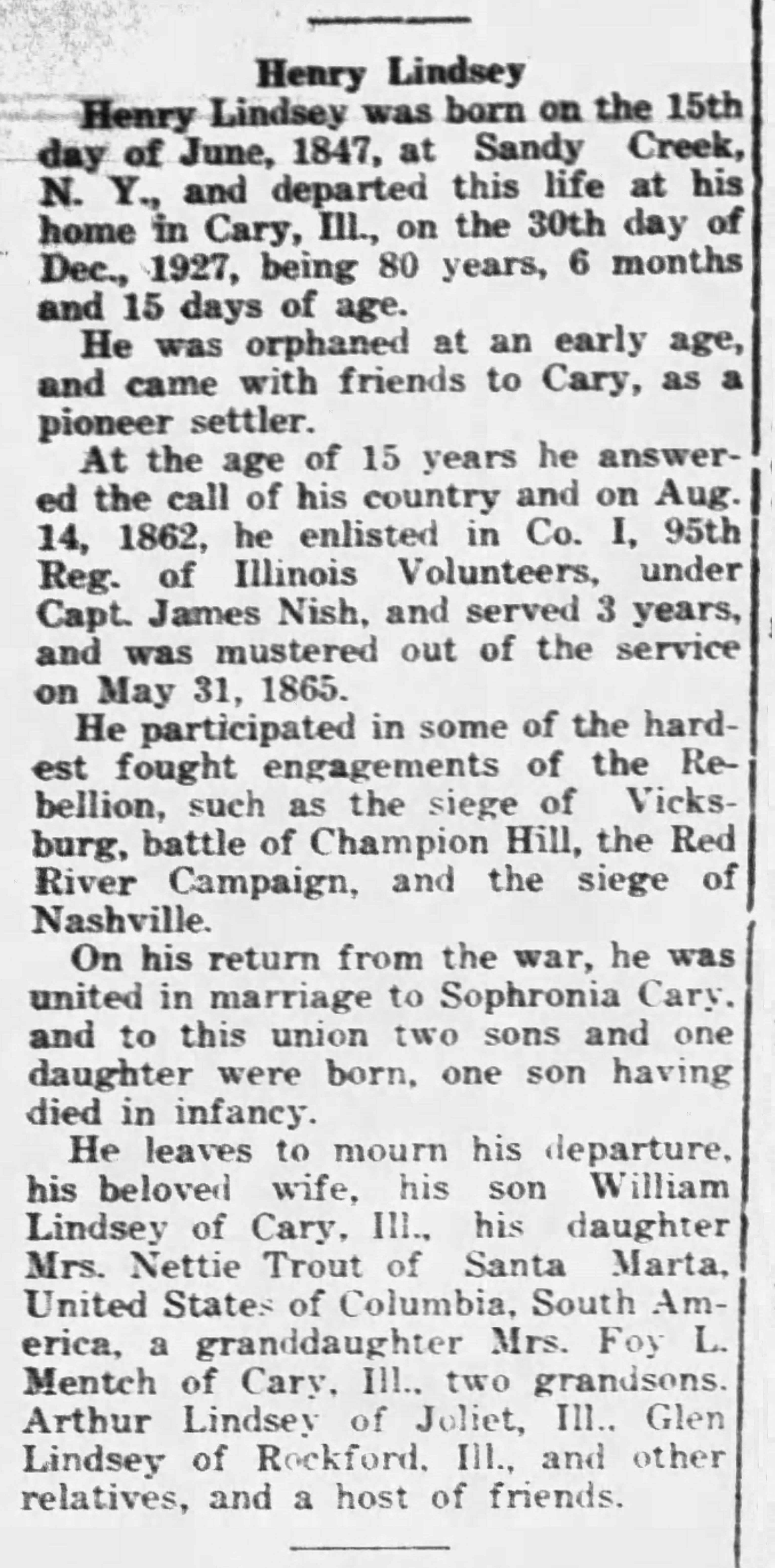 Henry Lindsey Obit